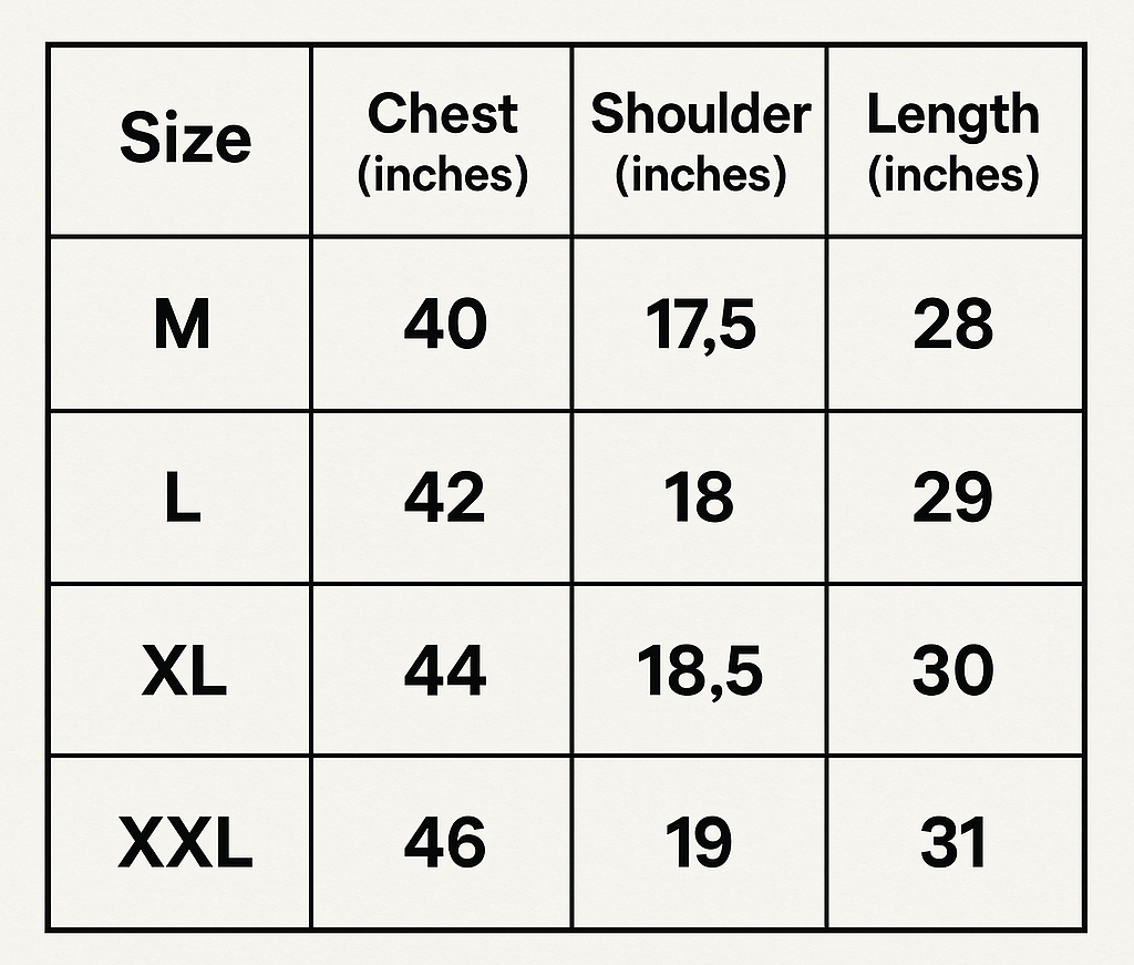 Size chart for The Crew T-Shirt, detailing measurements for M, L, XL, and XXL in inches.